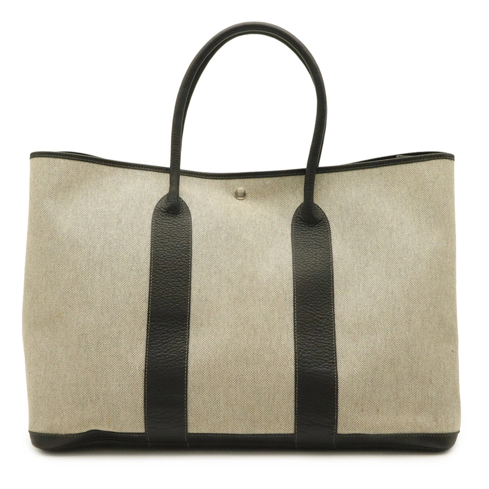 HERMES Garden TGM Tote Bag, Large Tote, Shoulder Toile H Leather, Gray/Black,...